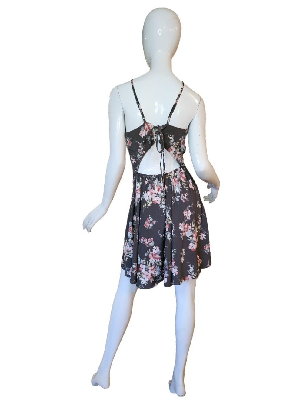 HOLLISTER Grey & Floral Spaghetti Strap Lace-Up Open-Back Dress Size Medium